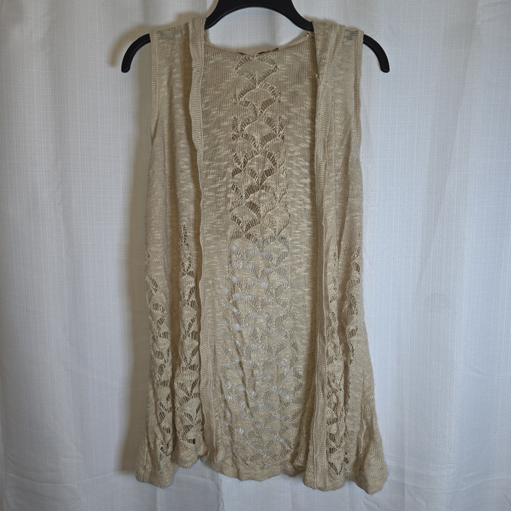 Beldini Open Front Hooded Lace Knit Cardigan Vest Beige Size Small Boho